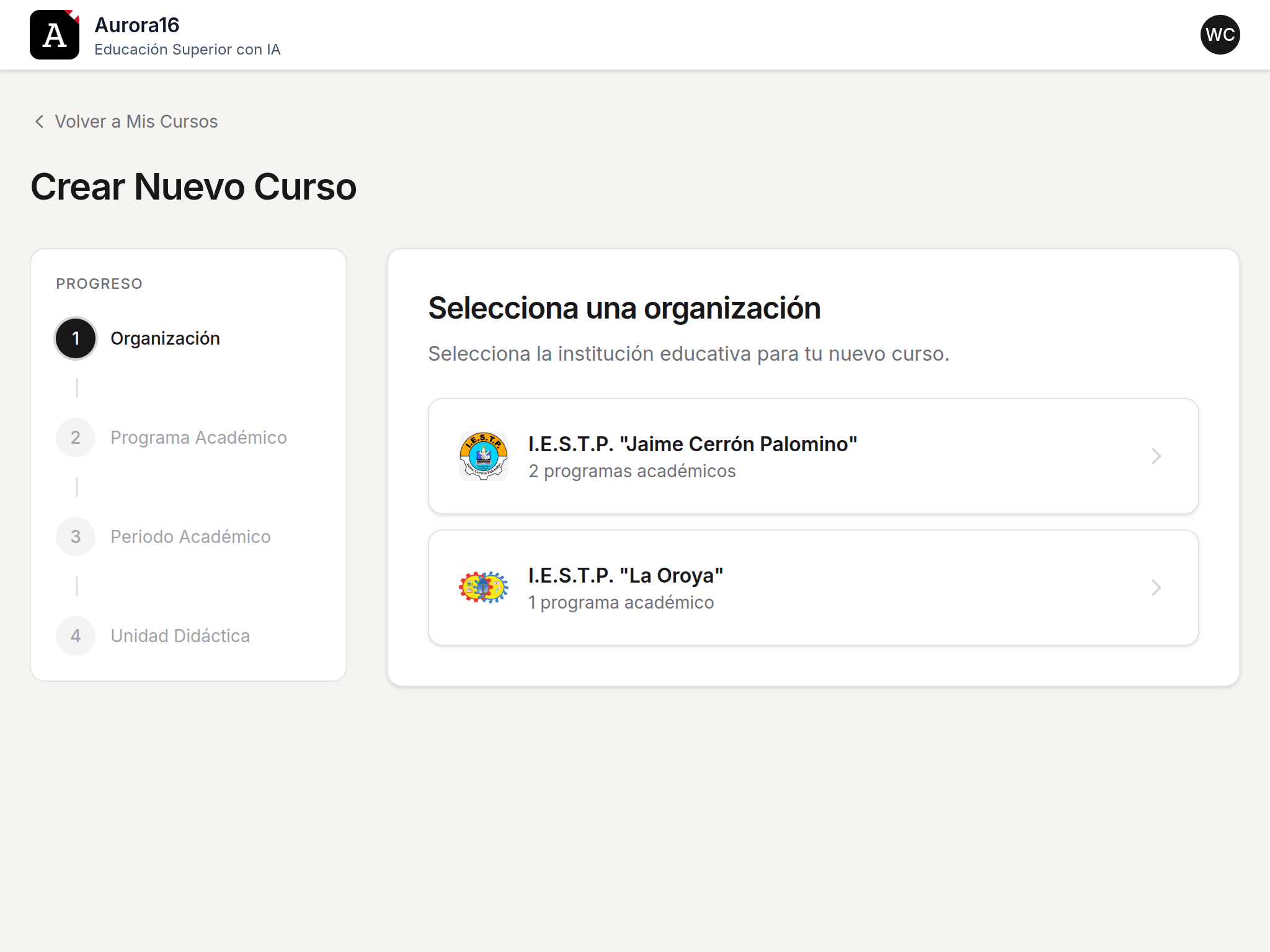 Wizard de selección de curso