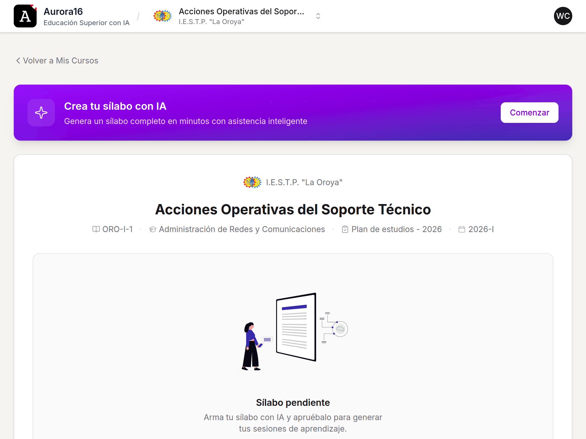 Dashboard con lista de cursos